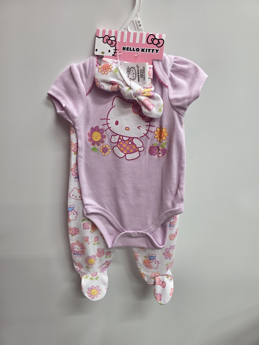 Hello Kitty Baby Girl Lavender One-Piece Footed Bodysuit with Headband
